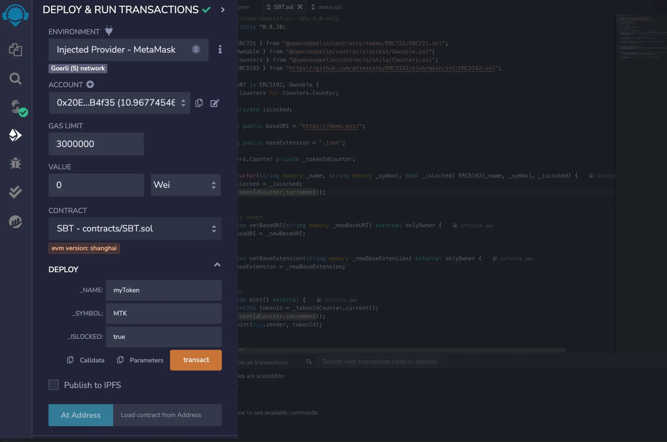 SBTのRemixのデプロイの設定画面